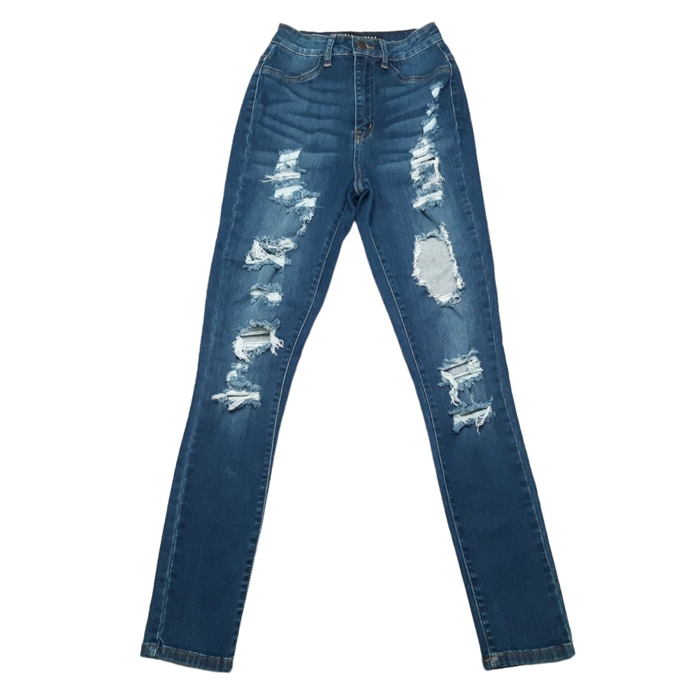 Fashion Nova Jeans Womens Juniors 3 Blue High Waisted Ripped‎ Skinny Medium Wash